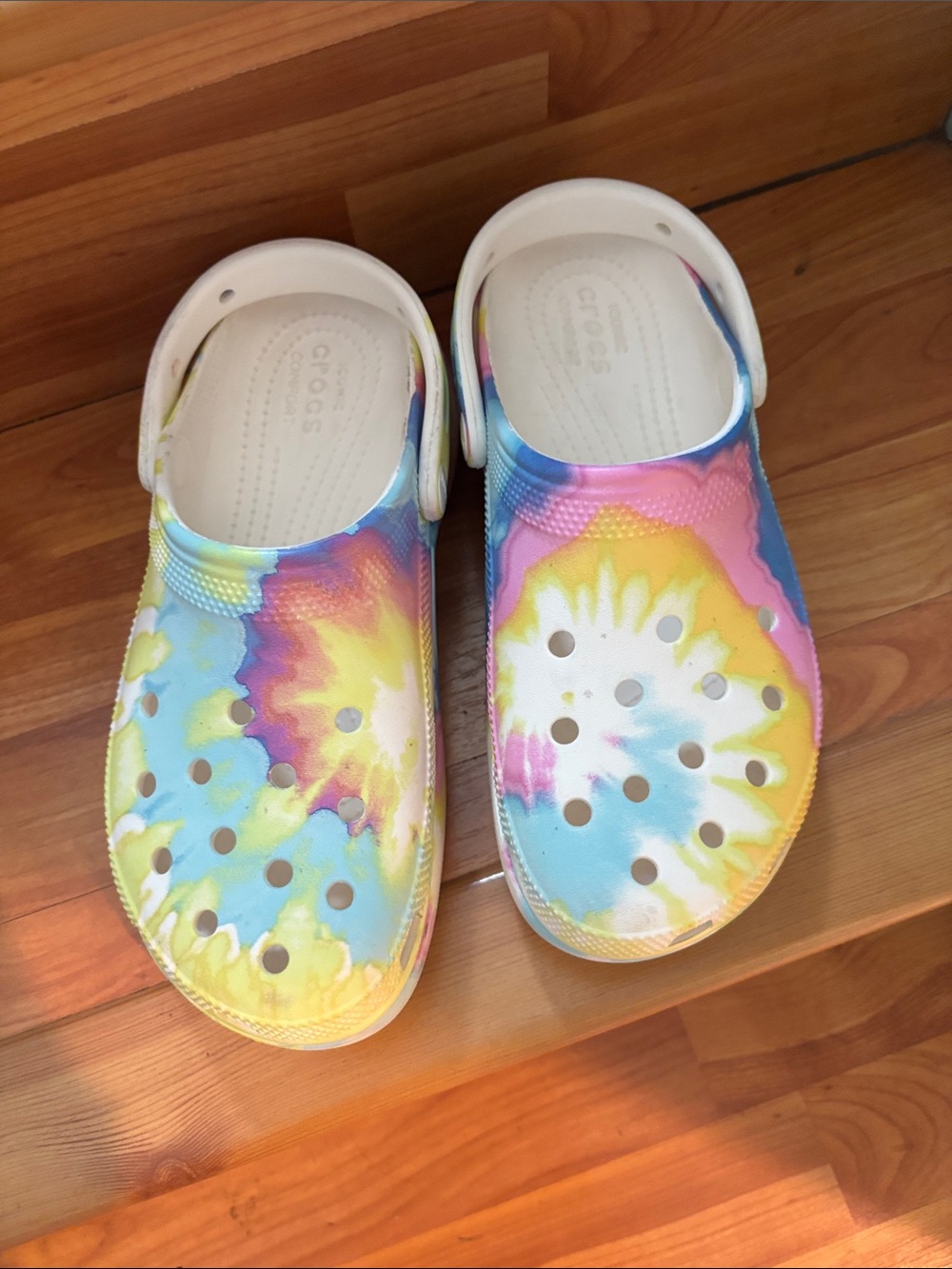 CROCS Kids Tie-Dye Classic Clog - White with Blue, Yellow & Pink